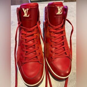 Louis Vuitton men’s high top sneaker red leather and canvas size LV 6
